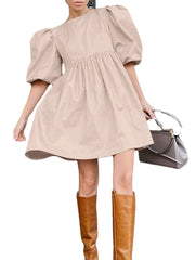 Puff Sleeve Solid European Casual Style Dress For Women