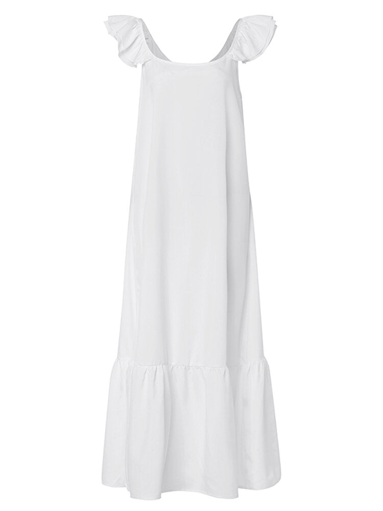 Women A-Line Ruffle Low Cut Sleeveless Maxi Swing Dress