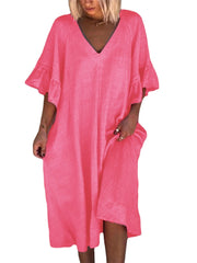 Women V-Neck Solid Color Loose Short Sleeve Dresses