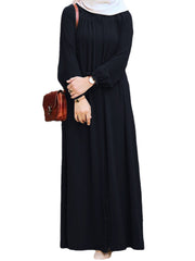 Women Solid Color Pleated Puff Sleeve Robe Vintage Maxi Dress