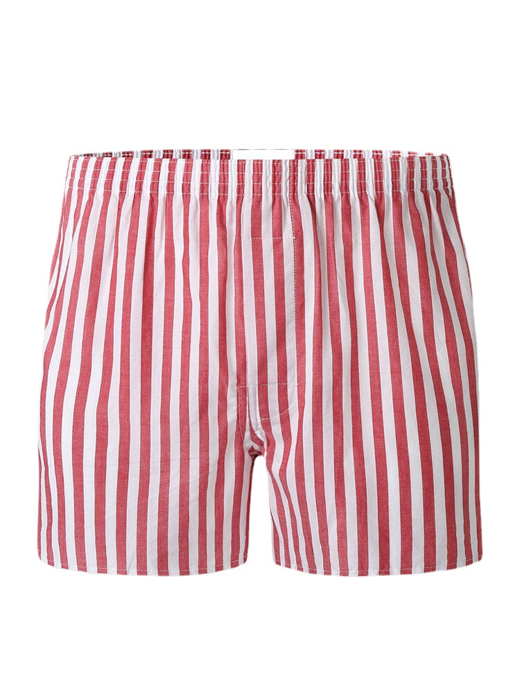 Mens 100% Cotton Basic Striped Breathable Loose Fit Home Lounge Shorts Boxers With Pocket