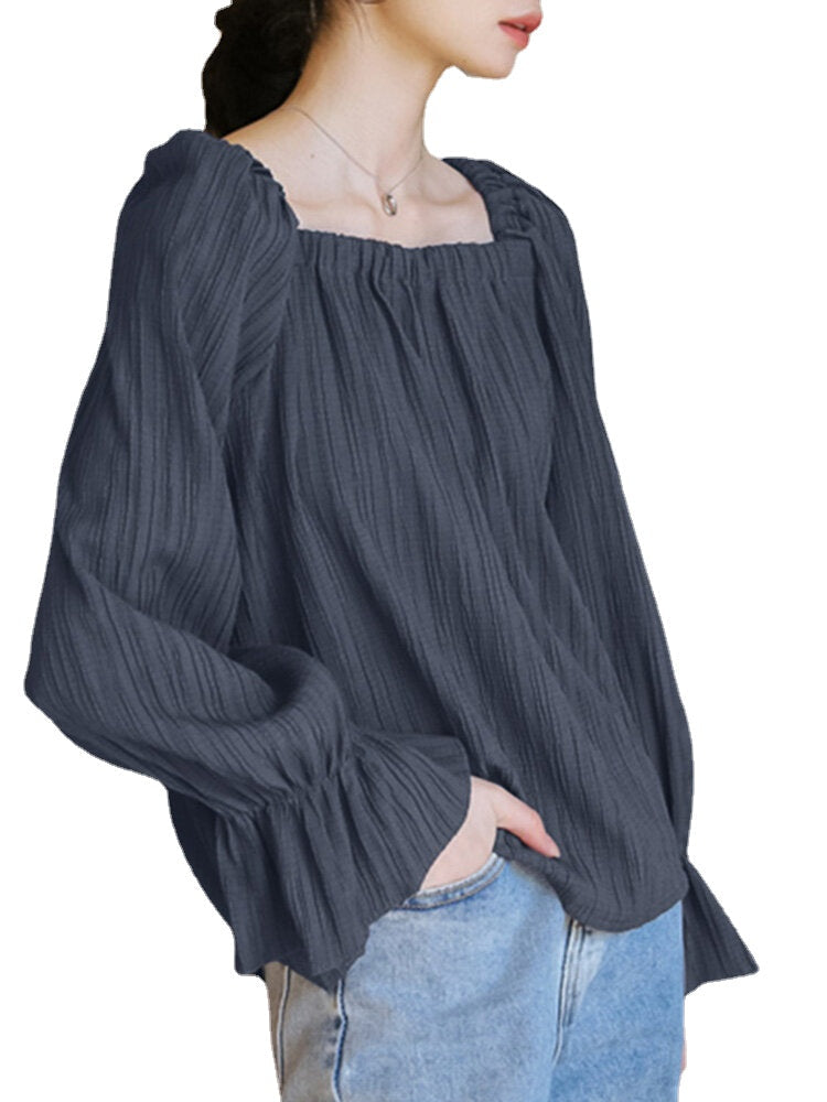 Solid Color Long Sleeve Square Collar Ruffled Blouse For Women