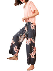 Women Short Sleeve Tops Tropical Floral Print Wide Leg Pants Soft Pajama Set