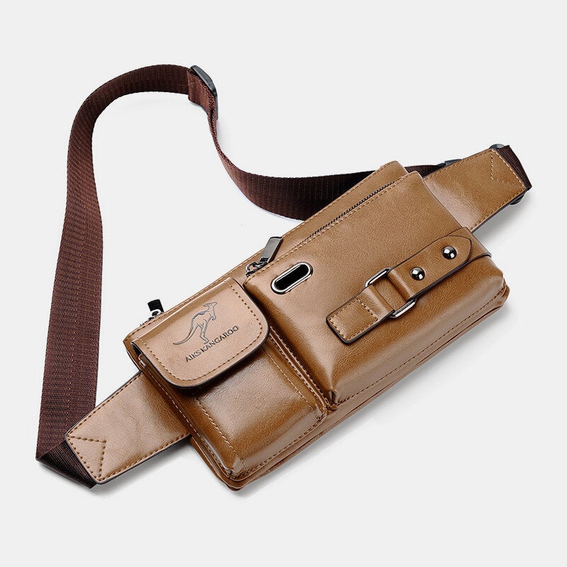 Men Multifunction Multi-compartment Chest Bag Waist Bag PU Leather Large Capacity Headphone Hole Crossbody Shoulder Bag