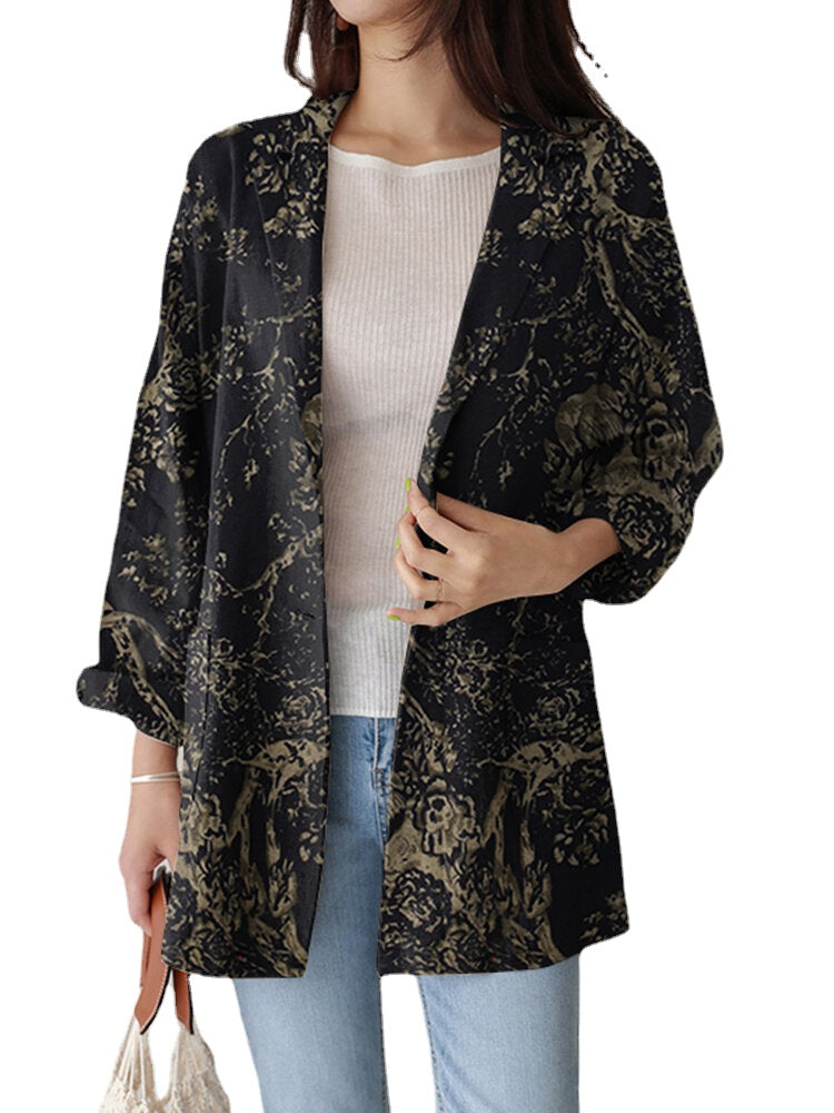 Women Loose Lapel Full Sleeve Floral Casual Side Pockets Coat