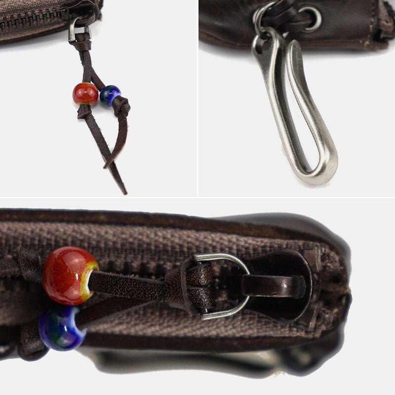Men Vegetable Tanned Leather Metal Label Keychain Wallet Washed Retro Zipper Card Holder With Hook