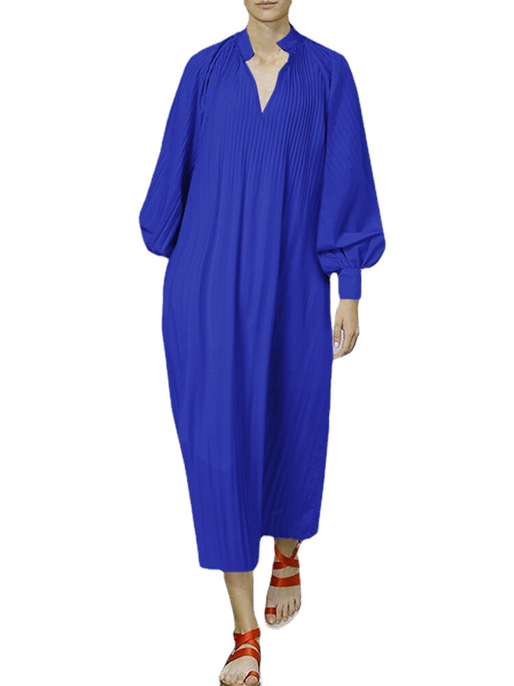 Women Long Sleeve Puff Sleeve Pleated Solid Color Knee Length Midi Dresses