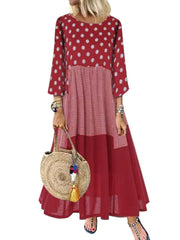 Women Stitching Design Polka Dot Side Pockets Maxi Dress