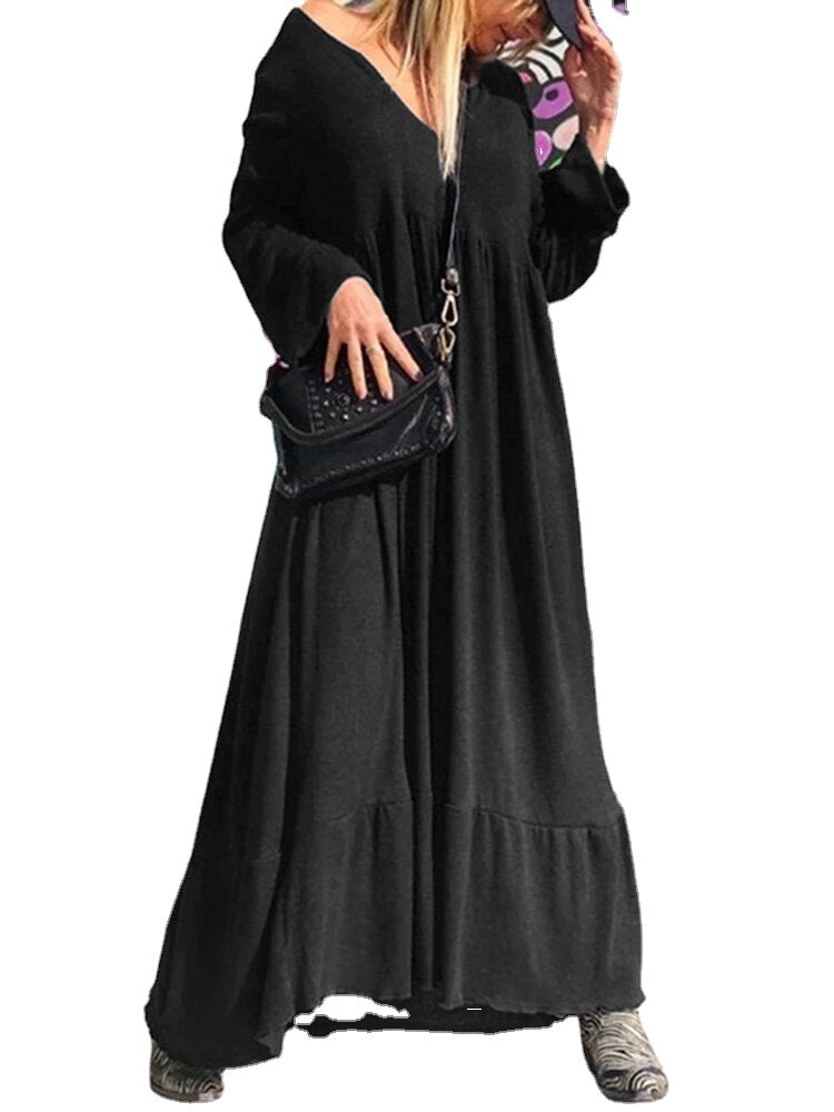 Solid Color V-neck Long Sleeve Pleating Holiday Streetwear Casual Maxi Dress