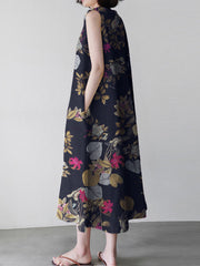 Women Plant Floral Print Sleeveless Loose Maxi Dress With Side Pocket