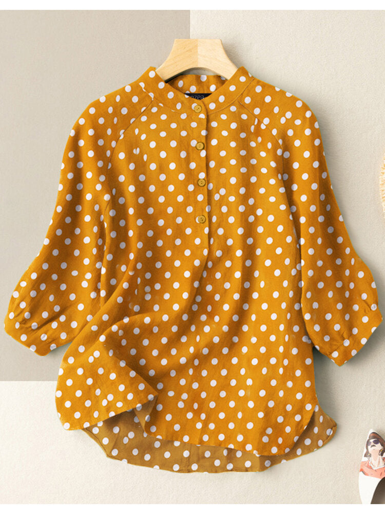 Dot Print Stand Collar Button 3/4 Sleeve Blouse For Women