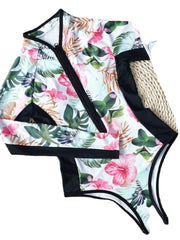 Women Patchwork Floral Print Zip High Neck Long Sleeve Slimming Surfing One Piece Swimwear