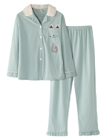 Women Cartoon Cat Pocket Knitted Long Sleeve Loungewear Plus Size Home Cotton Pajamas Sets