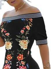 Women Vintage Floral Print Stripe Trim Off Shoulder Skinny Mini Dresses