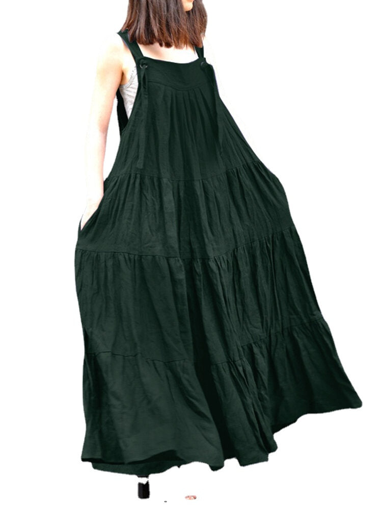 Solid Pleated Pocket Ruffle Knotted Casual Maxi Dress