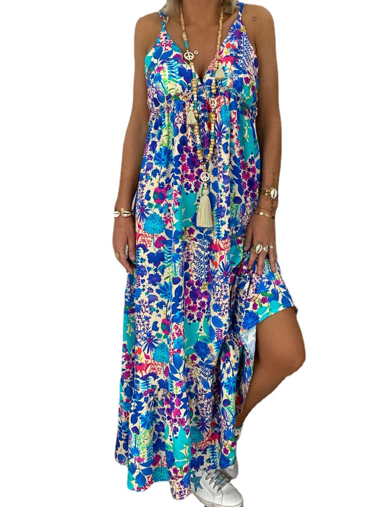 Women Sleeveless Straps Floral Print Elastic Waist Summer Holiday Long Maxi Dress