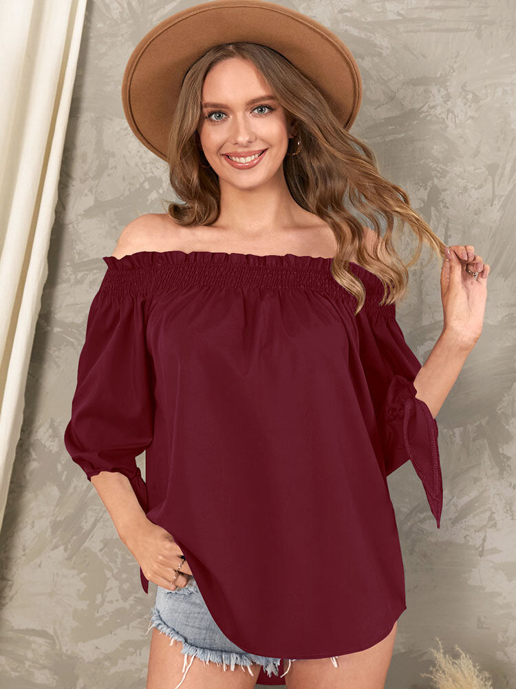 Shirring Tie-Up At Cuffs One Shoulder Backless Casual Blouse