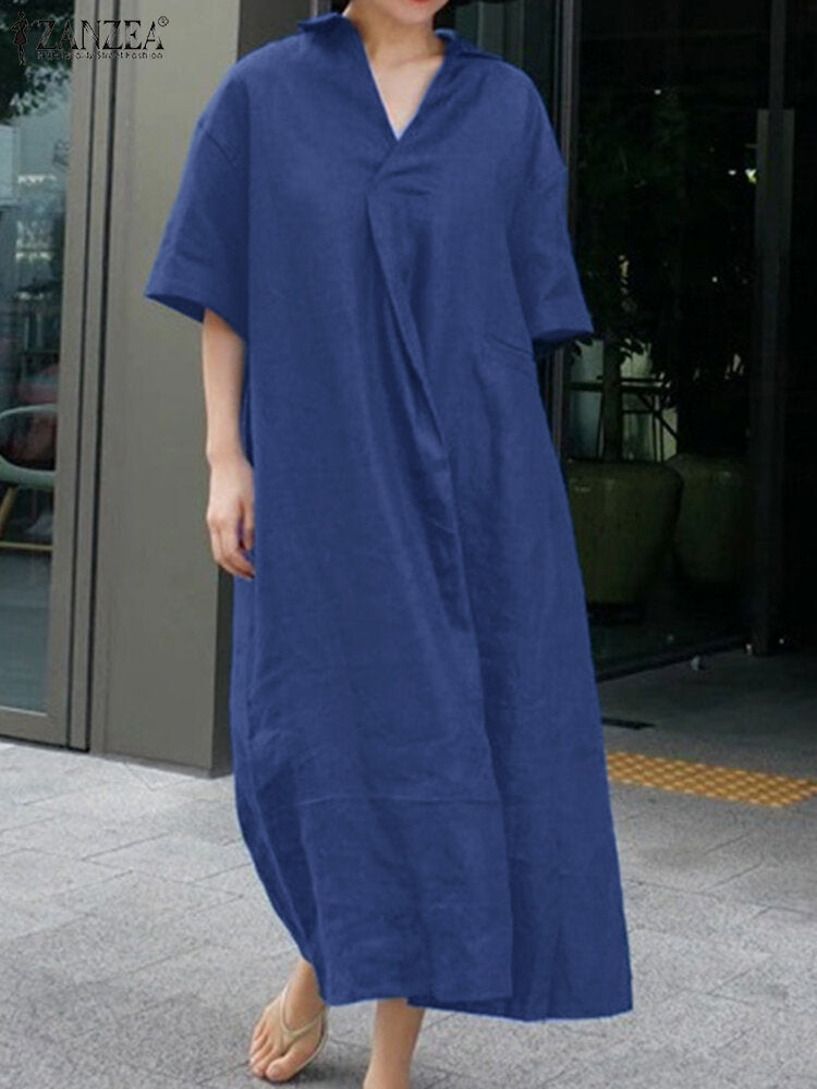 Solid Color Half Sleeve Lapel Loose Cotton Maxi Dress