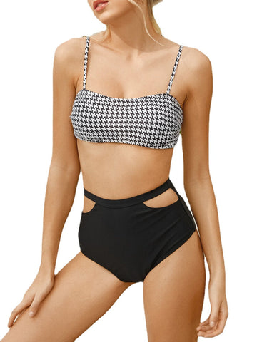 Women Houndstooth Print Spaghetti Hollow Out High Waist Panty Beach Two Piece Backless Bkinis