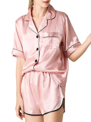 Women Colorful Striped Button Up Revere Collar Pocket Home Ice Silk Pajama Set