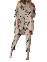 Plant Print Irregular Hem Casual Suit