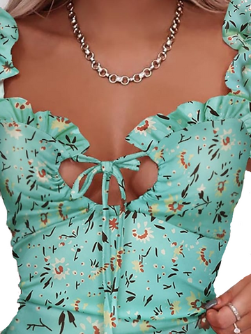 Women‘s Sleeveless Floral Print V Neck Stylish Beach Holiday Slim Dress