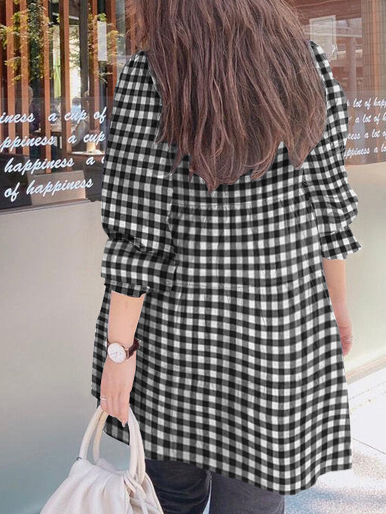 Women Puff Sleeve O-Neck Spliced Plaid Casual Loose Blouse