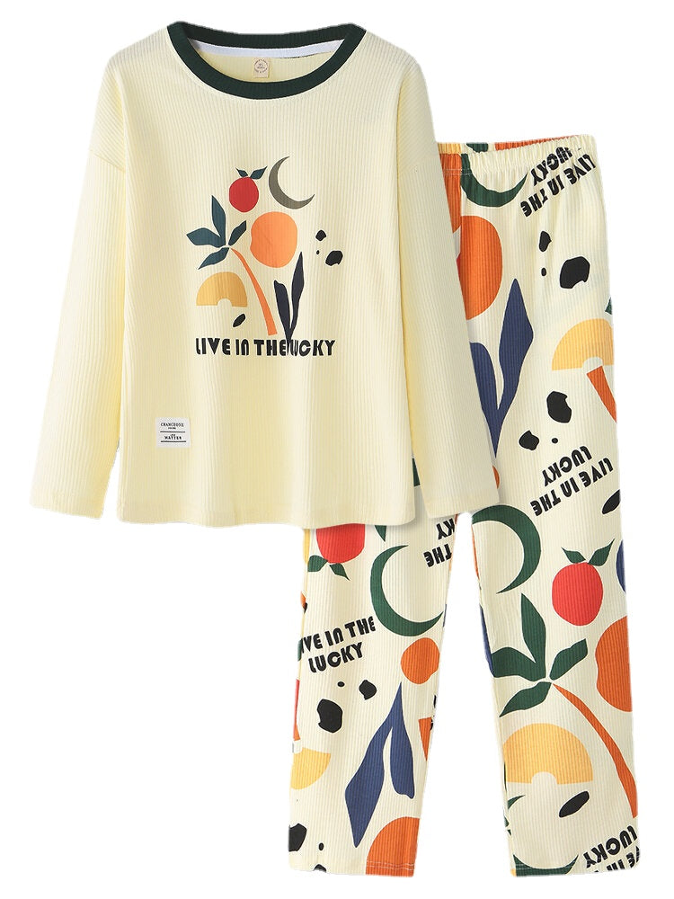 Women's Graphic Letter Print Ribbed Pullover Pajama Set with Elastic Waist and Pockets