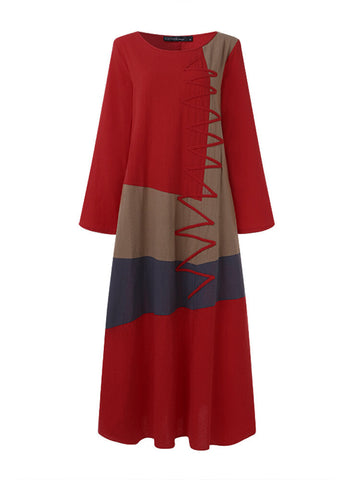 Womens Long Sleeve O Neck Splice Casual Long Maxi Dress