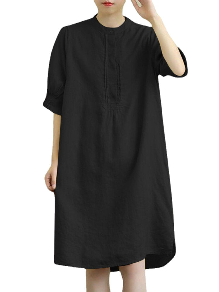 Solid Ruched Split Half Sleeve Casual Midi Dress