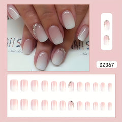 Gradient Pink & White Press On Nails - 24 Pcs Glossy Medium Square with Rhinestones, Reusable Fake Nails for Women