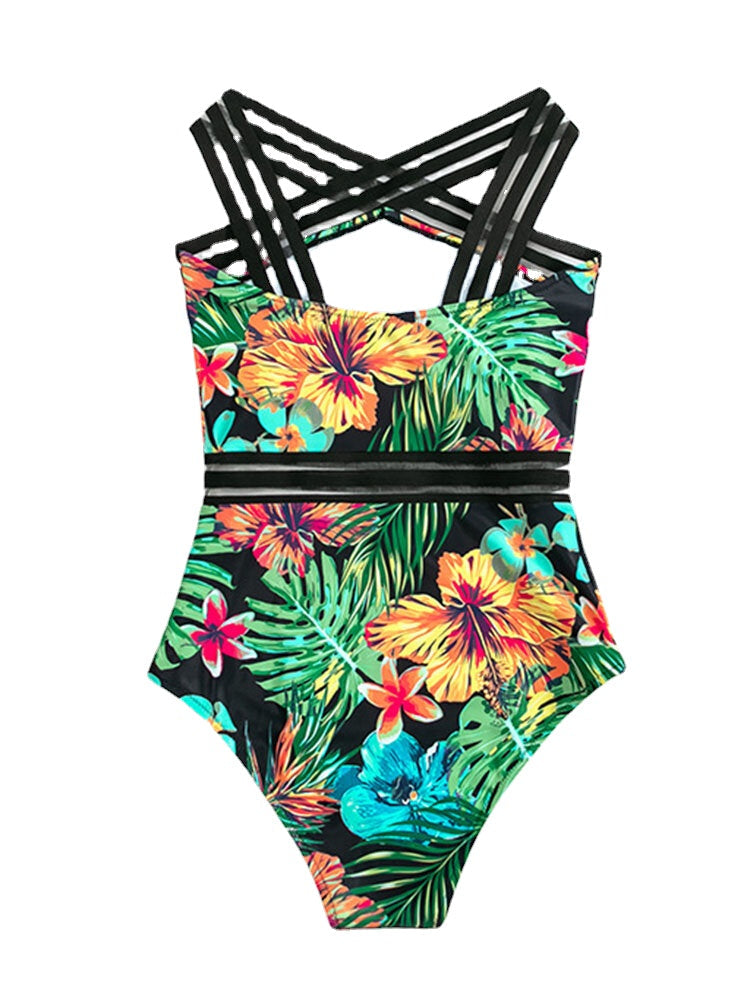 Tropical Plants Print Striped Mesh Slimming One Piece Women Hawaii Swimsuit