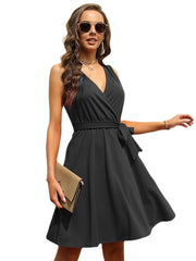 Women's Sleeveless Pure Color Pleated V Neck Fashion Lace up Dress