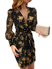 Women Leopard Twist V-Neck Elegant Long Sleeve Dress