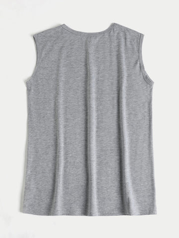 Grey Letter Pattern Round Neck Sleeveless Basic Casual Tank Top