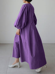 Women Solid V-neck Puff Sleeve Loose Plain Casual Maxi Dress With Pocket