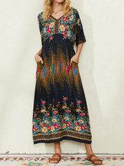 Bohemian Ethnic Floral Print V-neck Pocket Half Sleeve Casual Dress For Women