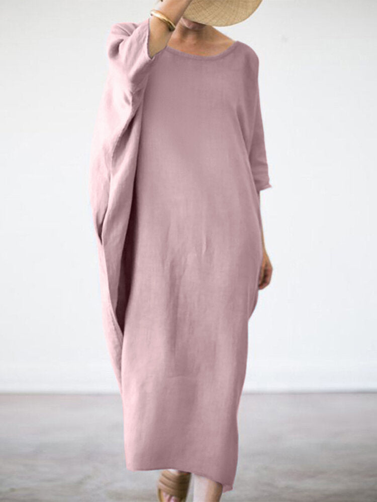 Women Long Sleeve 100% Cotton Shirt Dress Solid Color Calf Length Three Quarter Sleeve Midi Dresses