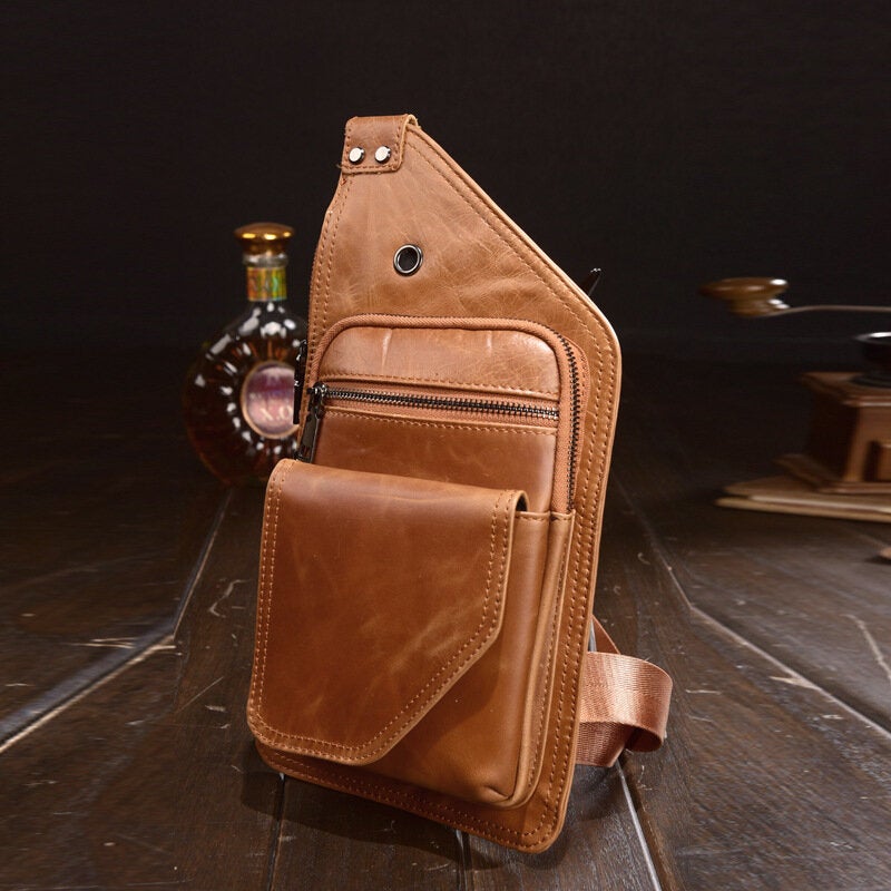 Men Genuine Leather Retro Multifunction Earphone Hole Crossbody Bag Chest Sling