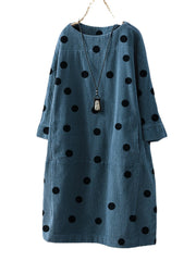 Women Vintage Print Polka Dots Long Sleeve Pockets Corduroy Dress