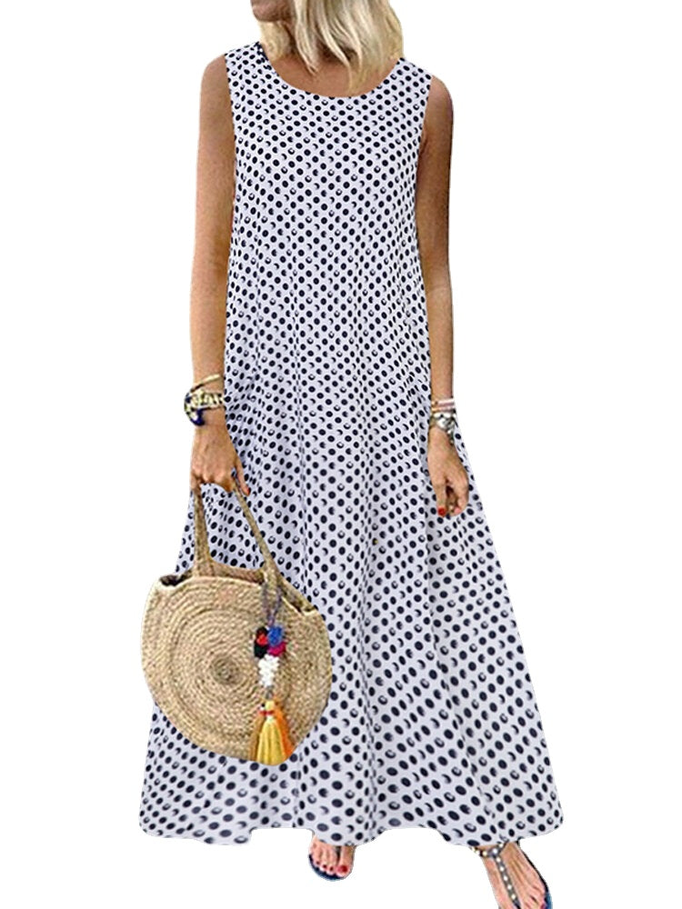 Women Bohemian Sleeveless O-neck Polka Dot Print Maxi Dress