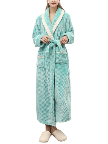 Women Contrast Color Long Sleeve Thicken Double Pocket Sashes Sleepwear Robes