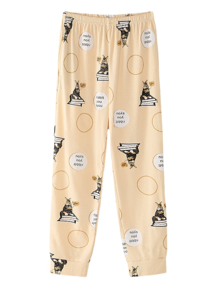 Women Cartoon Animal Print Long Sleeve Pullover Elastic Waist Letter Pants Home Pajama Set