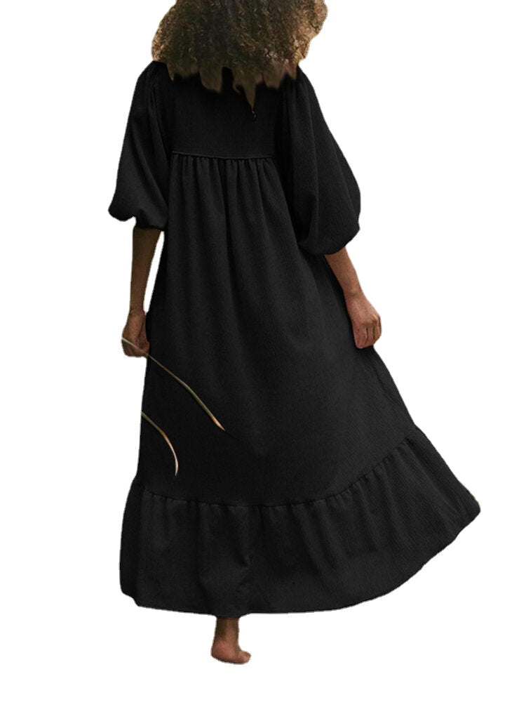 Women Cotton Solid Color Tie Neck Puff Sleeve Ruffle Hem Simple Maxi Dresses