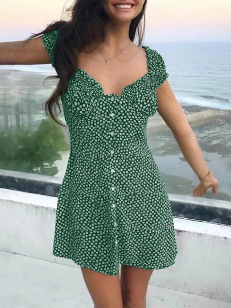 Women Floral Print Ruffles Trim Button Short Sleeve Elegant Mini Dress