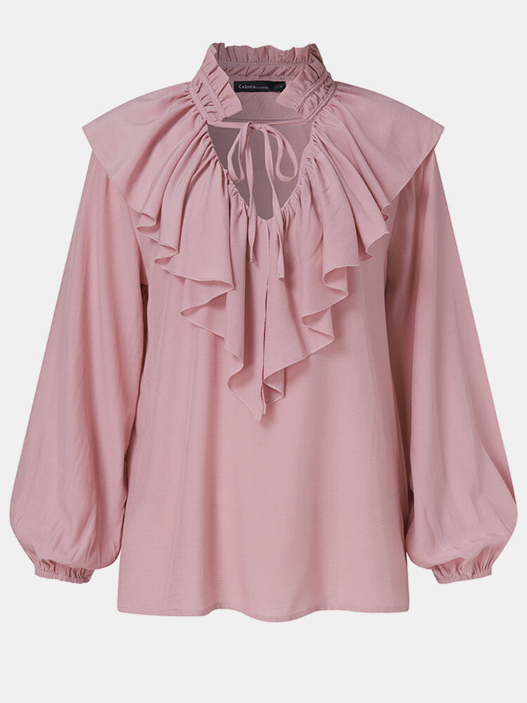 Women Solid Color Ruffle Tie Neck Casual Long Sleeve Blouses