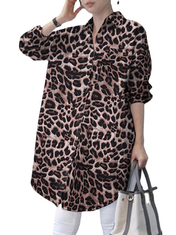 Women Spliced Leopard Printed Side Fork Turn-Down-Collar Button Knee Length Casual Shirts