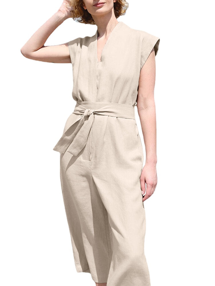 Solid Sash V Neck Pocket Sleeveless Casual Cotton Jumpsuit