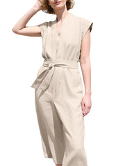Solid Sash V Neck Pocket Sleeveless Casual Cotton Jumpsuit