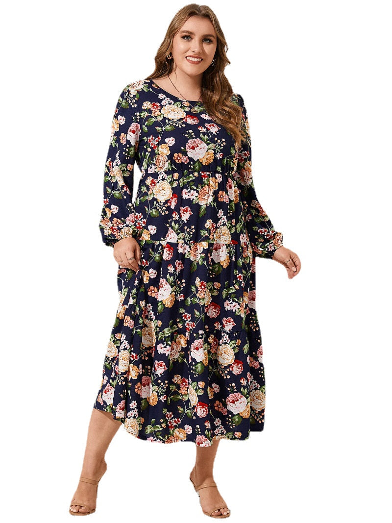 Plus Size Round Neck Floral Print Long Sleeves Dress